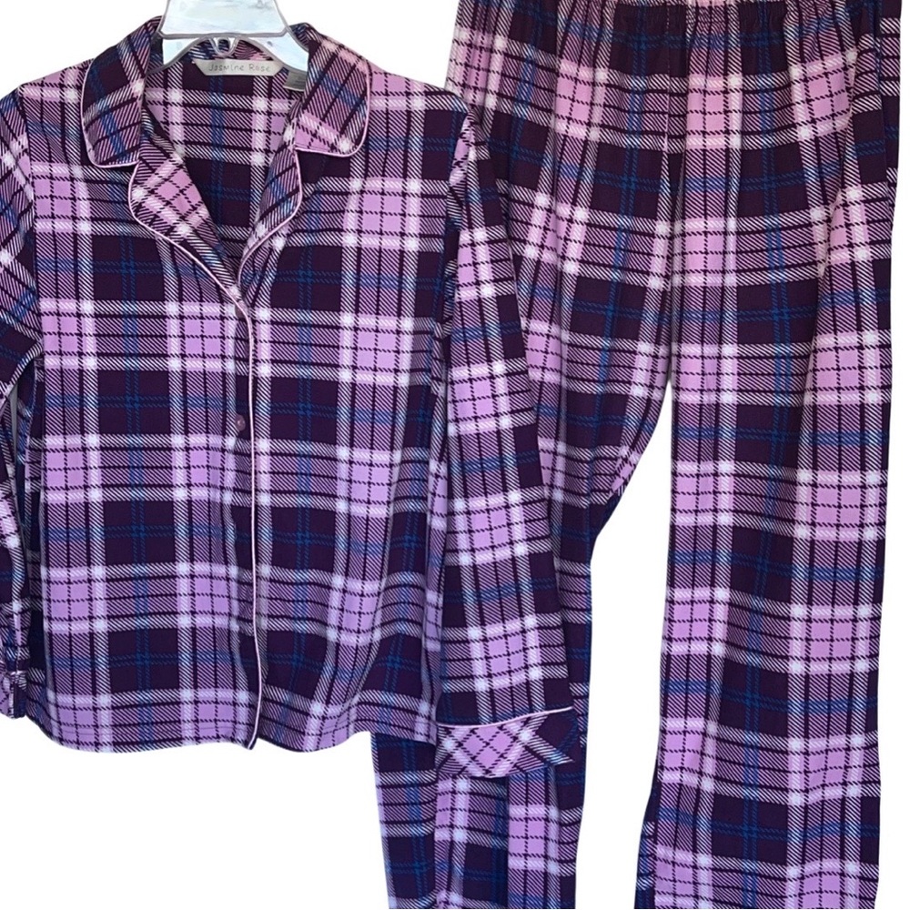 Jasmine Rose 2Pc PJ’s Set Shirt & Bottoms Pink Purple Plaid Flannel  Sz M